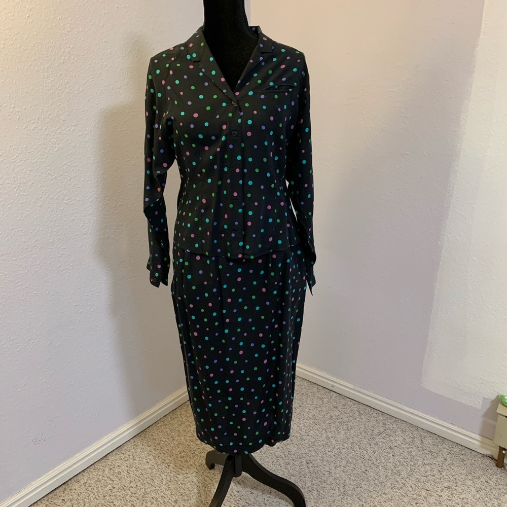 Vintage Esprit Black Polka Dot 2-pc Skirt & Blouse, Fits Like M